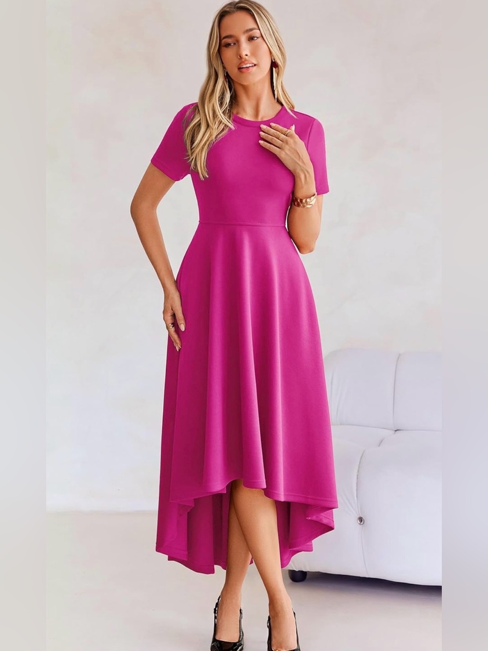 Elegant Fuchsia High-Low Midi Dress - Women's Short Sleeve XL